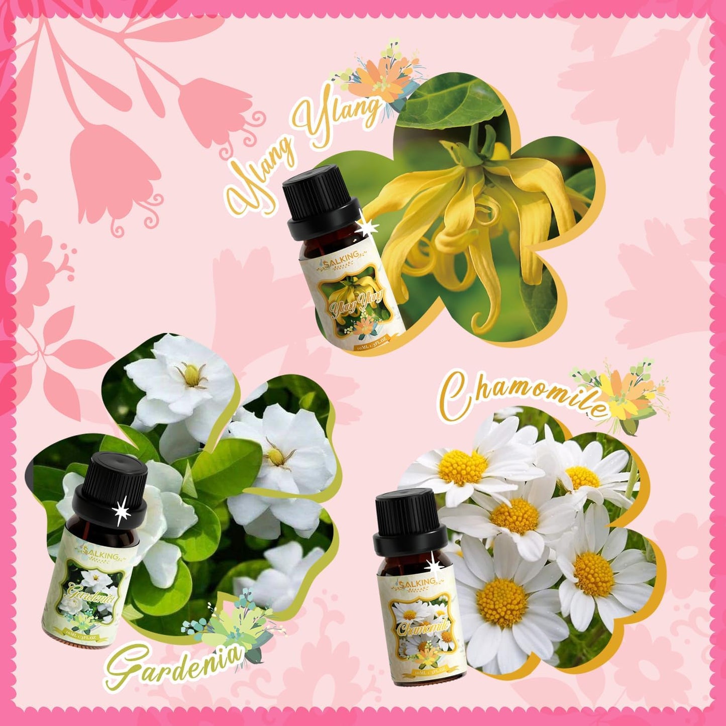 Floral Essential Oils Set, Premium Pure and Natural Essential Oils, Fragrance Oil Scented Oils Set for Oil Diffusers 6 X 10 ML - Rose, Lavender, Ylang Ylang, Chamomile, Gardenia, Cherry Blossom