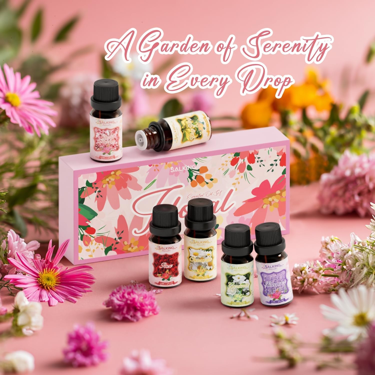 Floral Essential Oils Set, Premium Pure and Natural Essential Oils, Fragrance Oil Scented Oils Set for Oil Diffusers 6 X 10 ML - Rose, Lavender, Ylang Ylang, Chamomile, Gardenia, Cherry Blossom