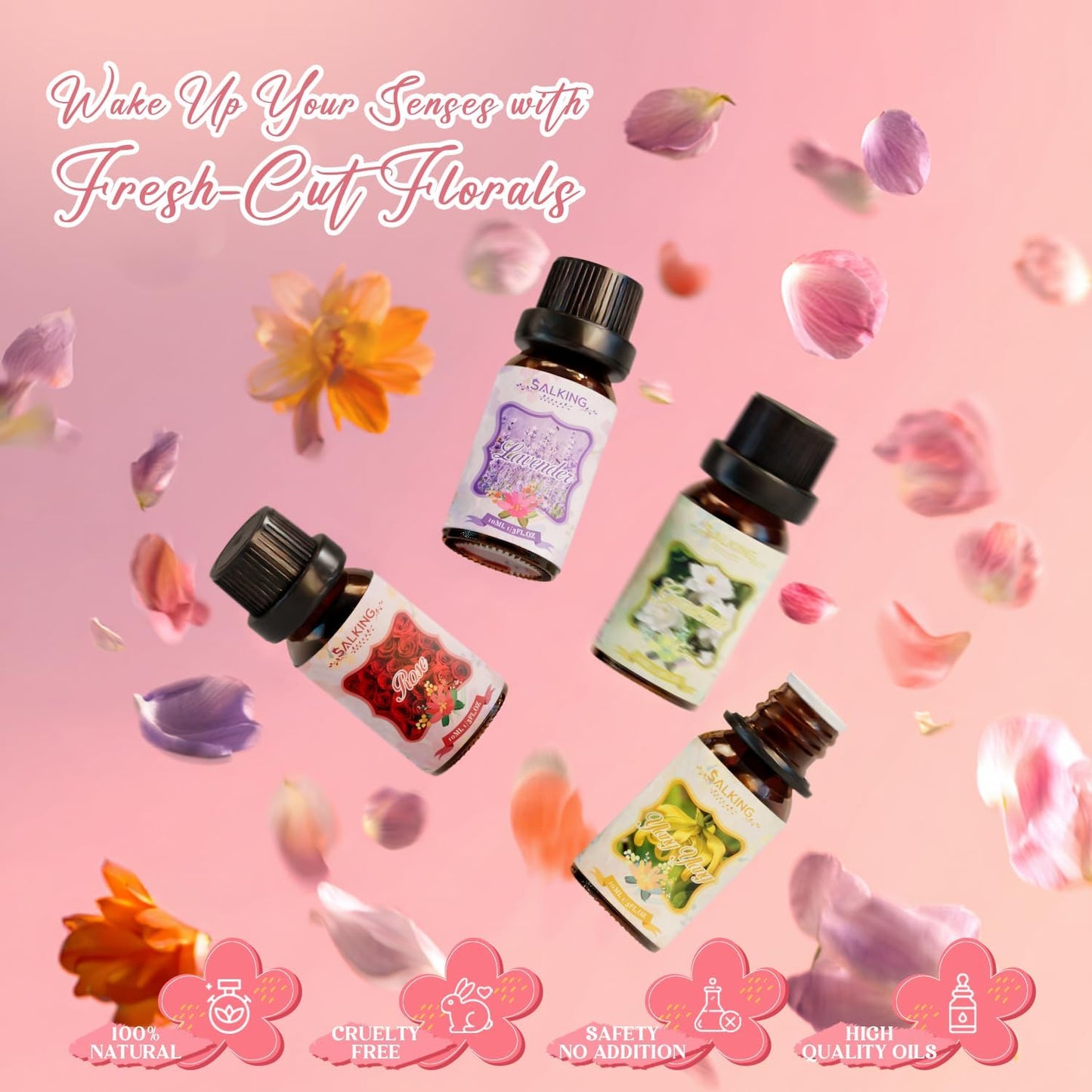 Floral Essential Oils Set, Premium Pure and Natural Essential Oils, Fragrance Oil Scented Oils Set for Oil Diffusers 6 X 10 ML - Rose, Lavender, Ylang Ylang, Chamomile, Gardenia, Cherry Blossom