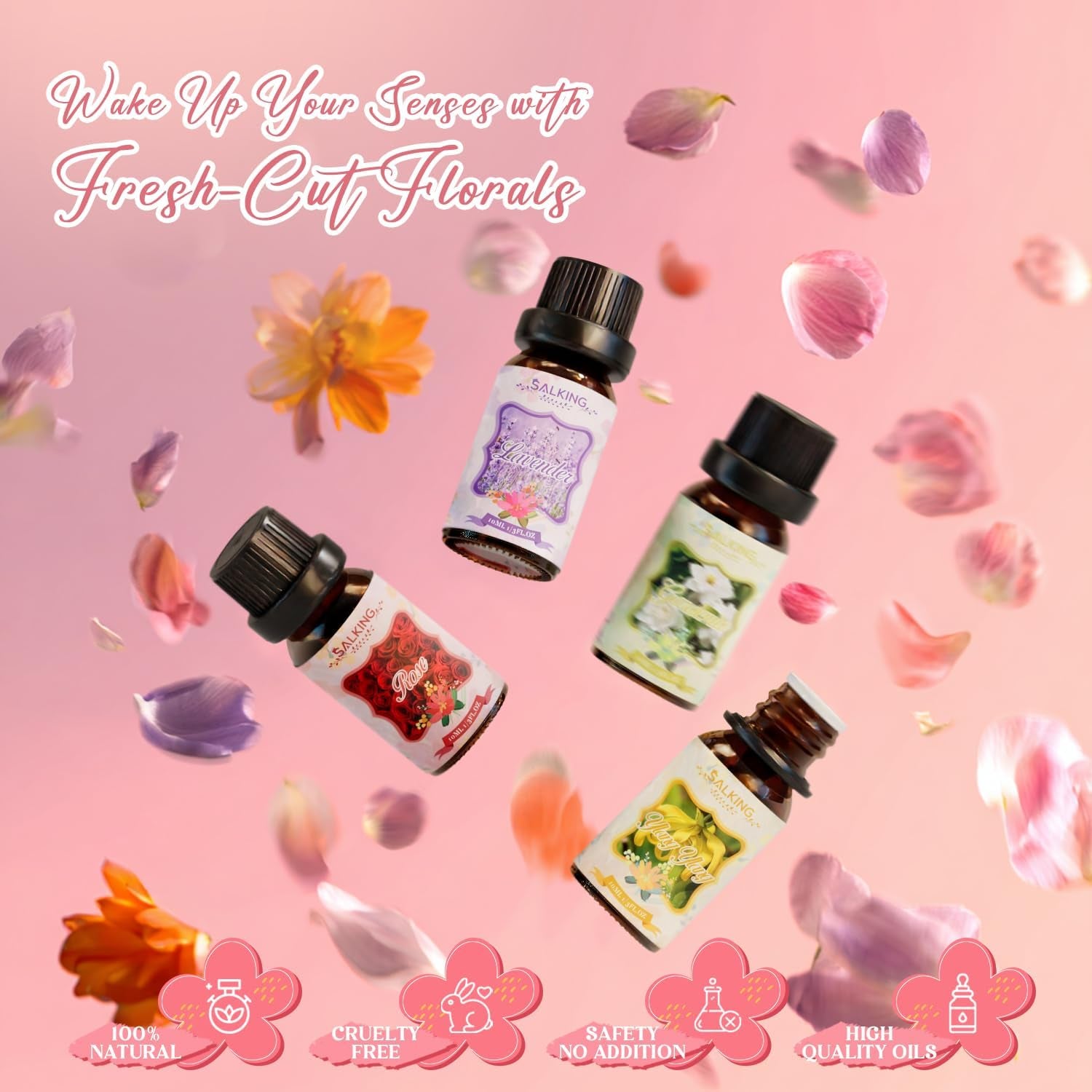 Floral Essential Oils Set, Premium Pure and Natural Essential Oils, Fragrance Oil Scented Oils Set for Oil Diffusers 6 X 10 ML - Rose, Lavender, Ylang Ylang, Chamomile, Gardenia, Cherry Blossom