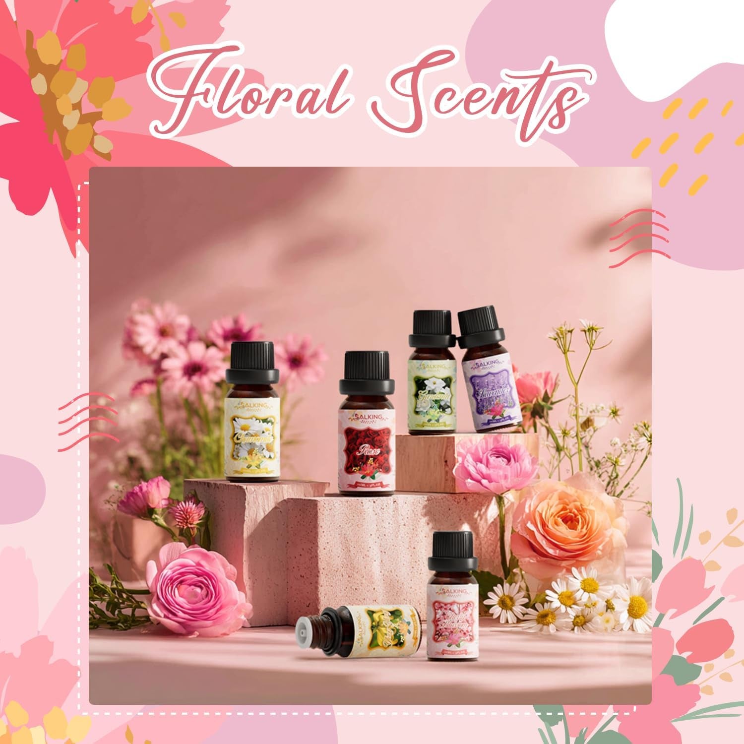 Floral Essential Oils Set, Premium Pure and Natural Essential Oils, Fragrance Oil Scented Oils Set for Oil Diffusers 6 X 10 ML - Rose, Lavender, Ylang Ylang, Chamomile, Gardenia, Cherry Blossom