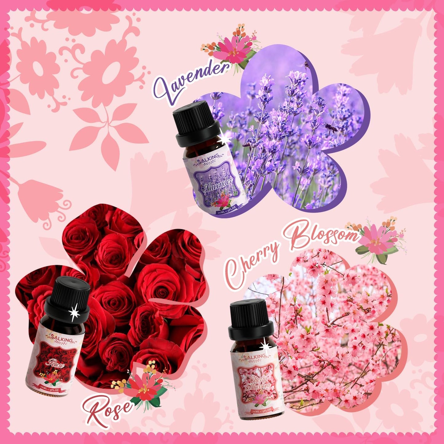 Floral Essential Oils Set, Premium Pure and Natural Essential Oils, Fragrance Oil Scented Oils Set for Oil Diffusers 6 X 10 ML - Rose, Lavender, Ylang Ylang, Chamomile, Gardenia, Cherry Blossom
